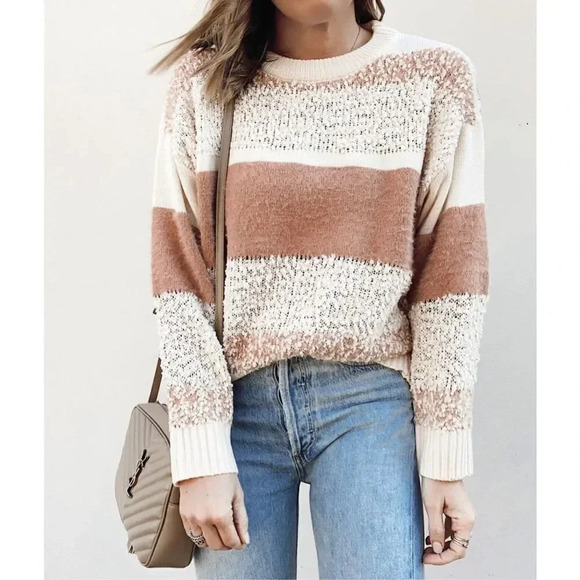 ALL IN FAVOR x NORDSTROM | Stripe Multi Knit Sweater Apricot Blush Ivory | Small - Picture 1 of 7